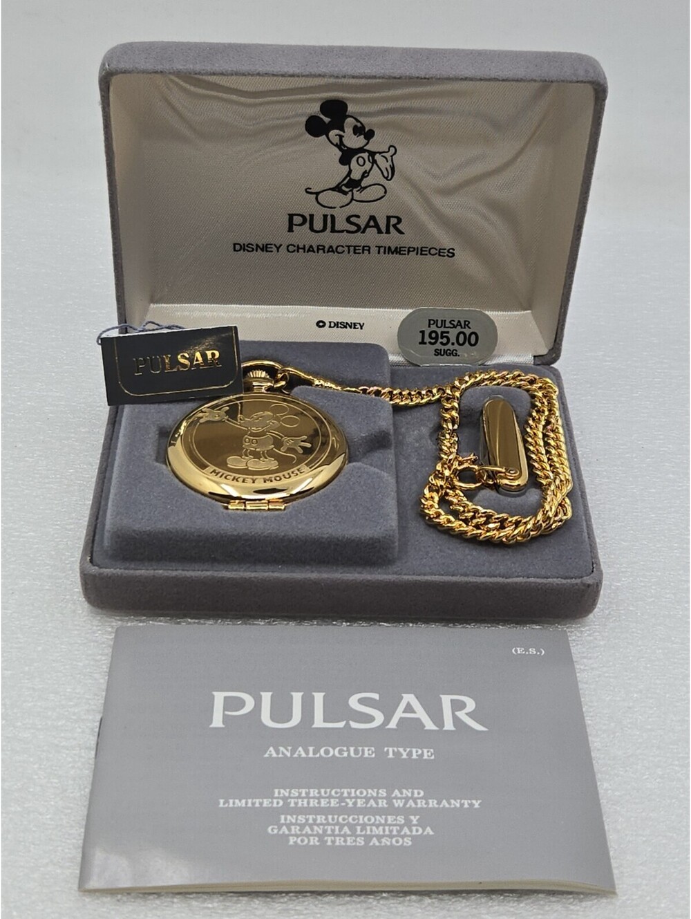 Disney Mickey Mouse Pulsar Gold Pocket Watch New With Tags Case Chain Knife 1986